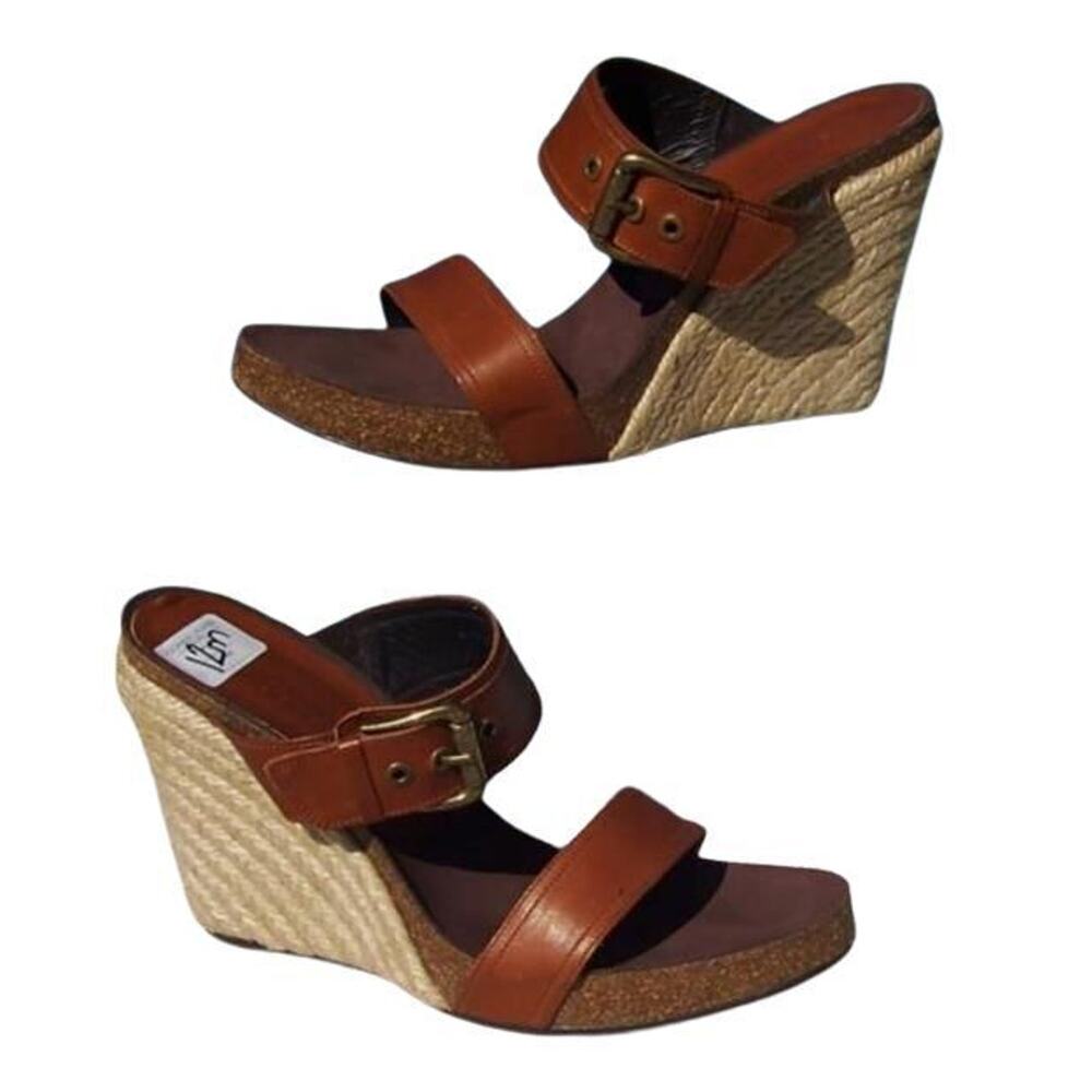Donald Pliner Camel Brown Leather Hemp Wedge Shoe New Rubber Sole New $275 NIB
